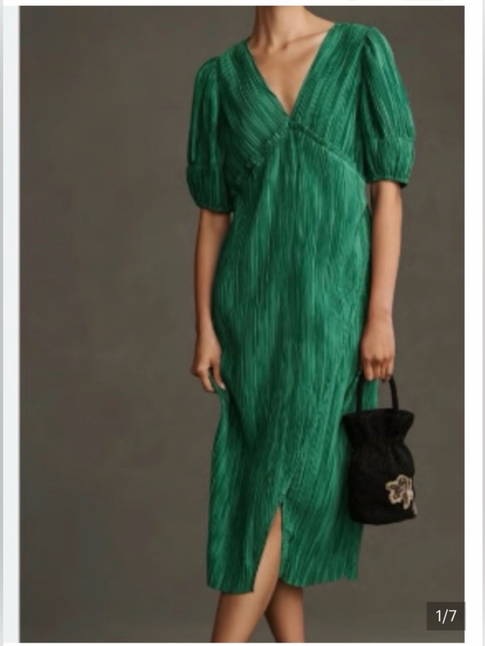 Anthropologie Emerald Green Pleated Midi Dress with Puff Sleeves
